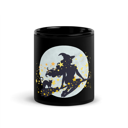 Flying Witch on Broomstick Black Glossy Mug