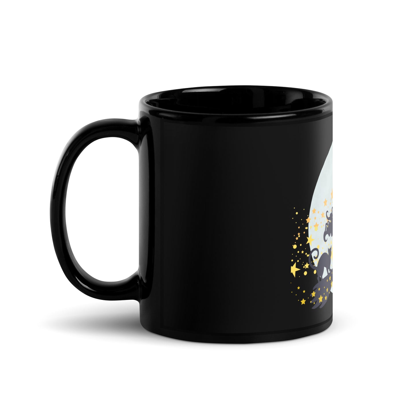 Flying Witch on Broomstick Black Glossy Mug