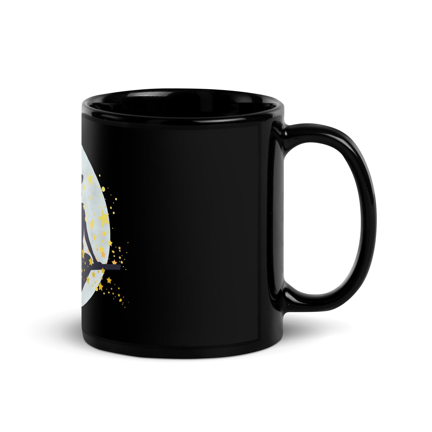 Flying Witch on Broomstick Black Glossy Mug