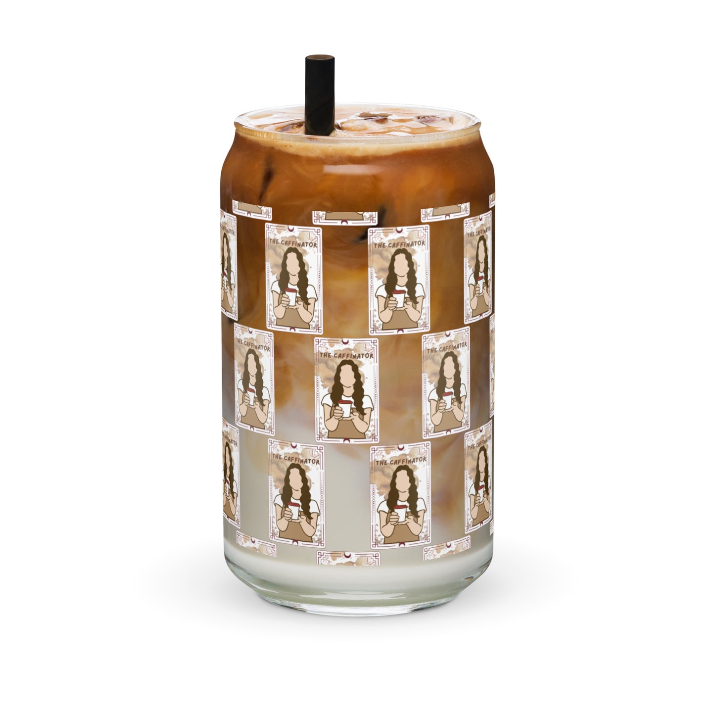 The Caffinator Tarot Can-shaped glass with a lid and straw