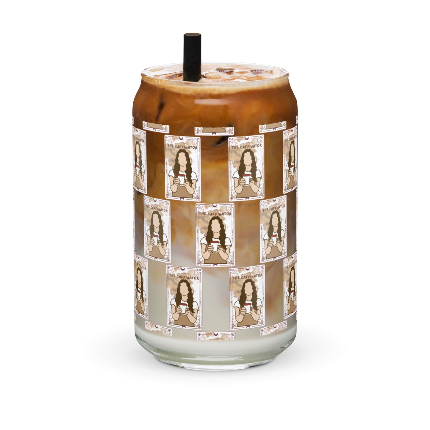 The Caffinator Tarot Can-shaped glass with a lid and straw