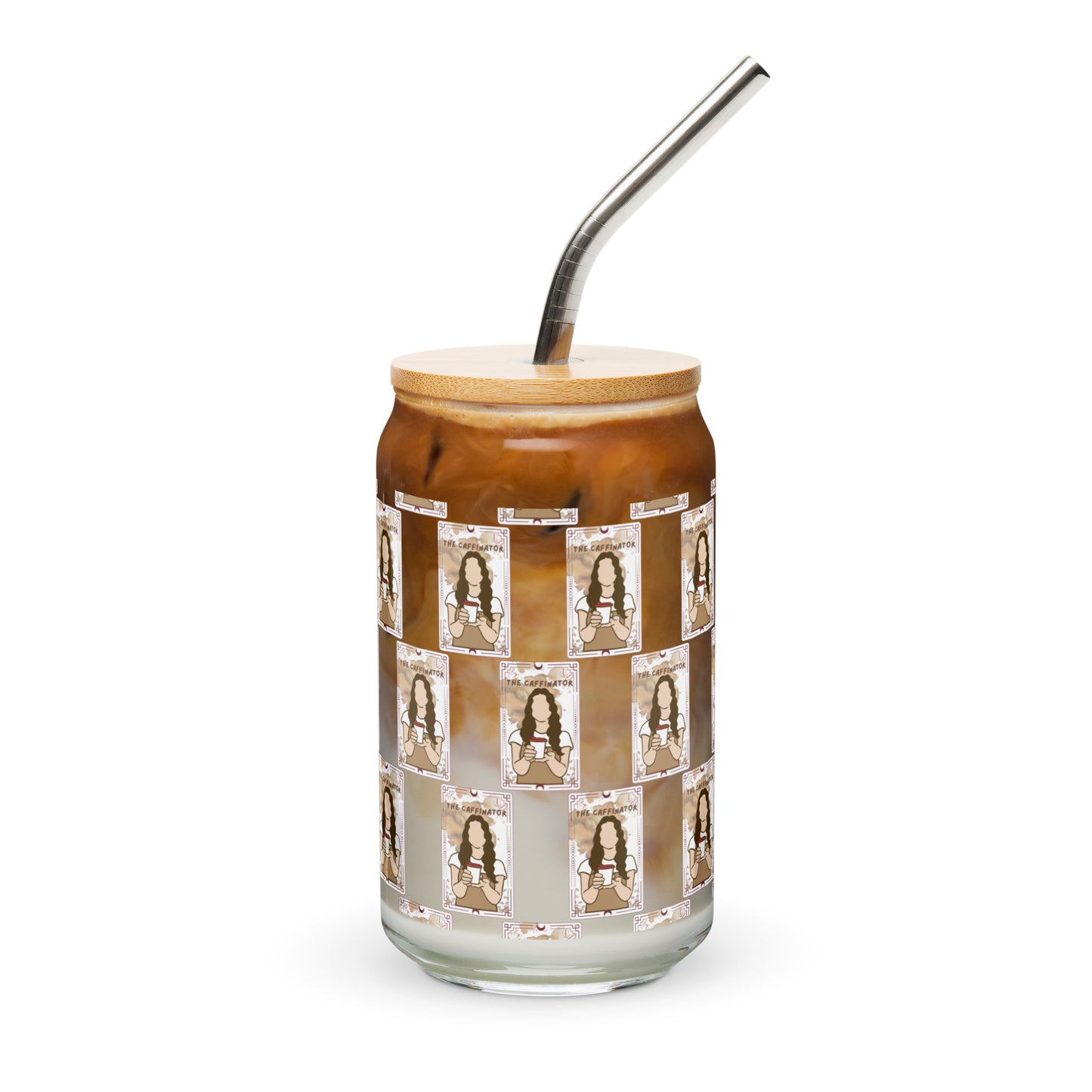 The Caffinator Tarot Can-shaped glass with a lid and straw