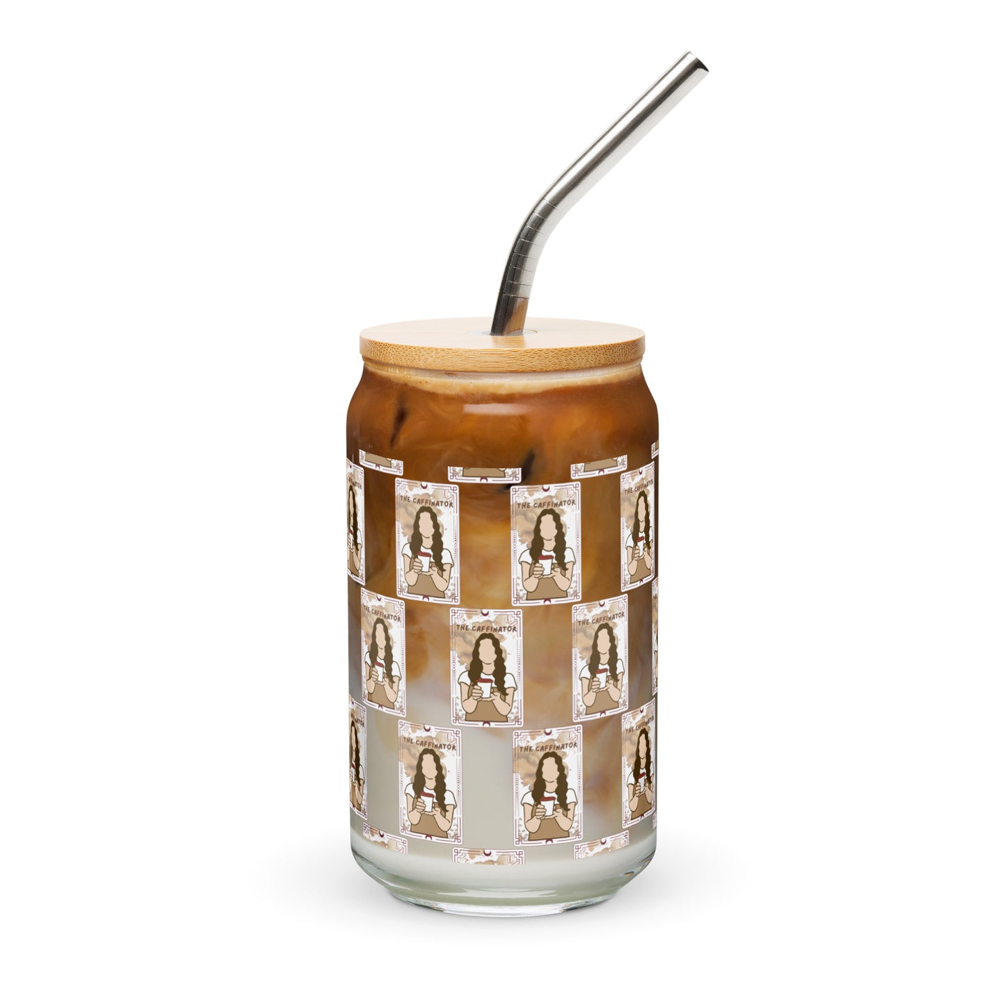 The Caffinator Tarot Can-shaped glass with a lid and straw