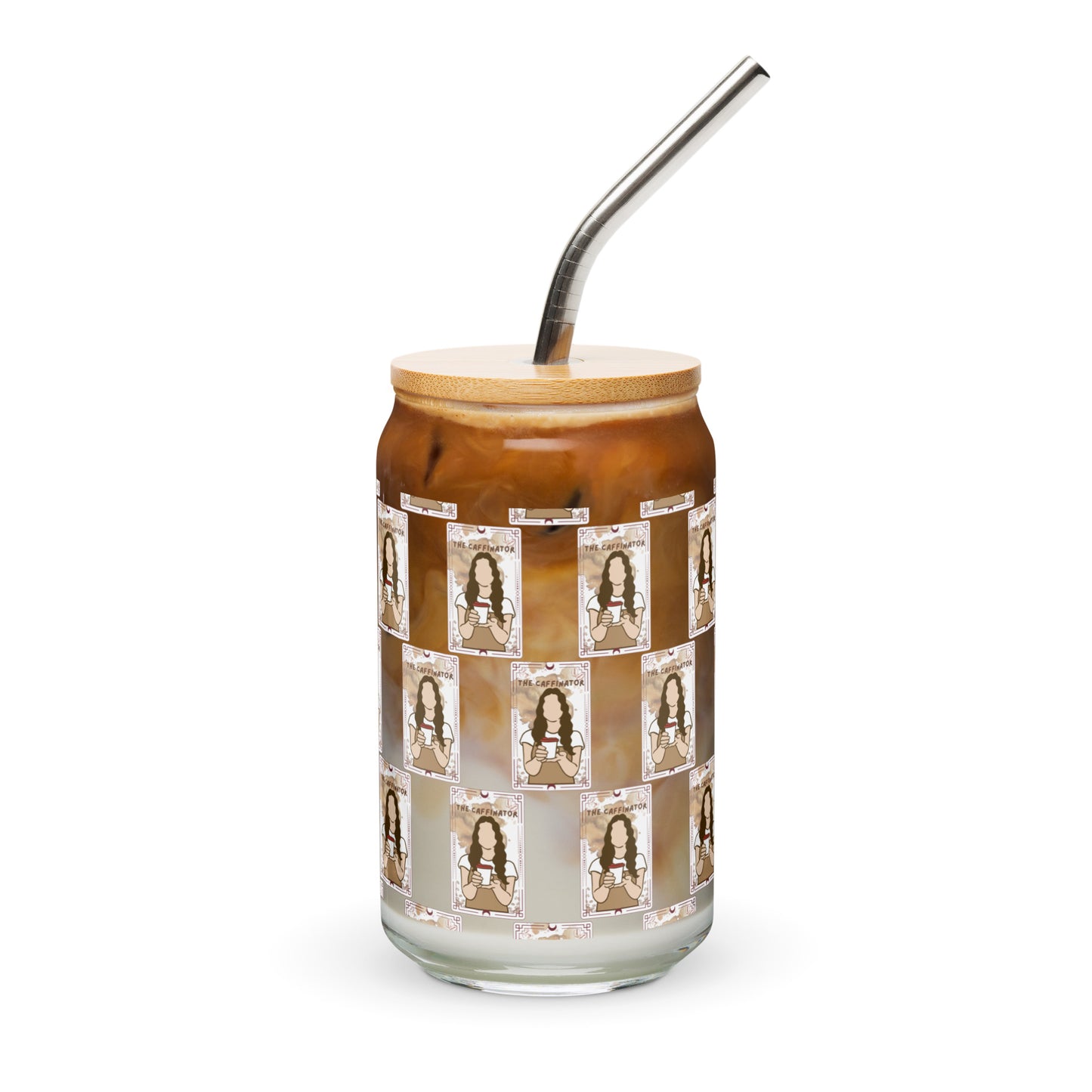 The Caffinator Tarot Can-shaped glass with a lid and straw