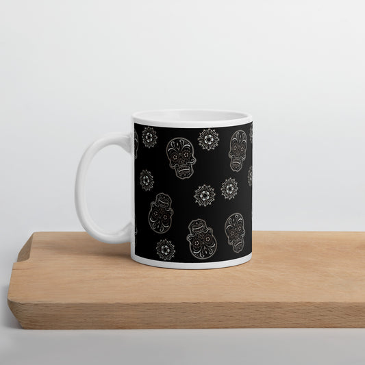 Skulls and flowers White glossy mug